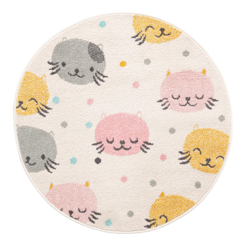 Ivory Round Kids Rug with Colorful Cat Faces