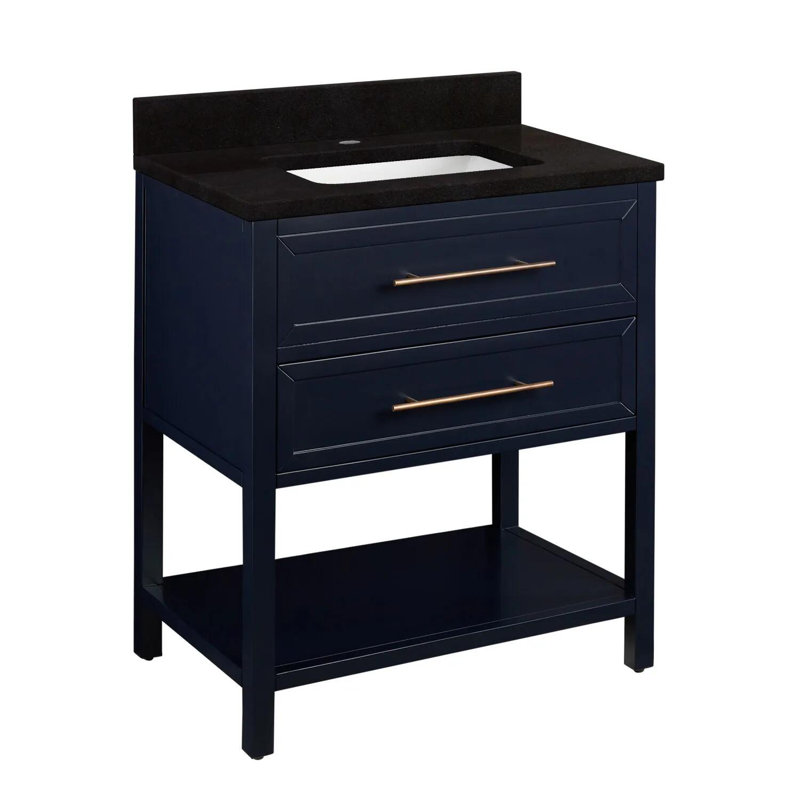 Ensemble de meuble-lavabo simple 30 po avec lavabo encastré rectangulaire Robertson, Quartz blanc plume, Bleu marine de nuit