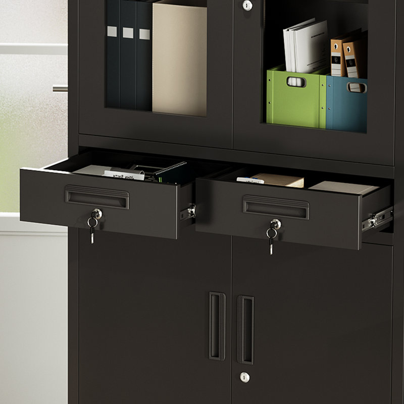 Armoire de rangement métallique verrouillable avec portes vitrées – 2 tiroirs, 2 étagères réglables – Système de rangement sécurisé pour clés et dossiers – Acier robuste pour la maison, le bureau, l'école, le garage – Noir