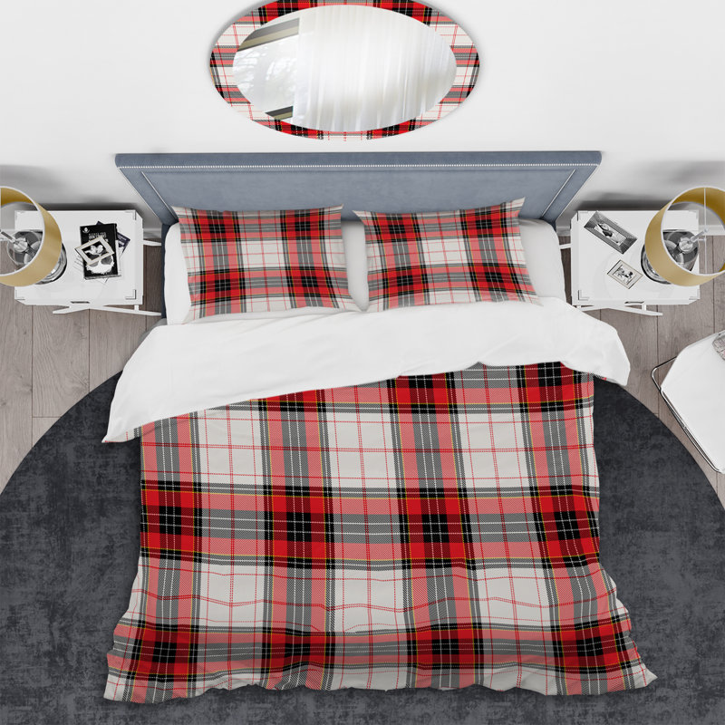 Tartan à carreaux blanc et rouge - Ensemble de housse de couette abstrait - Microfibre de polyester