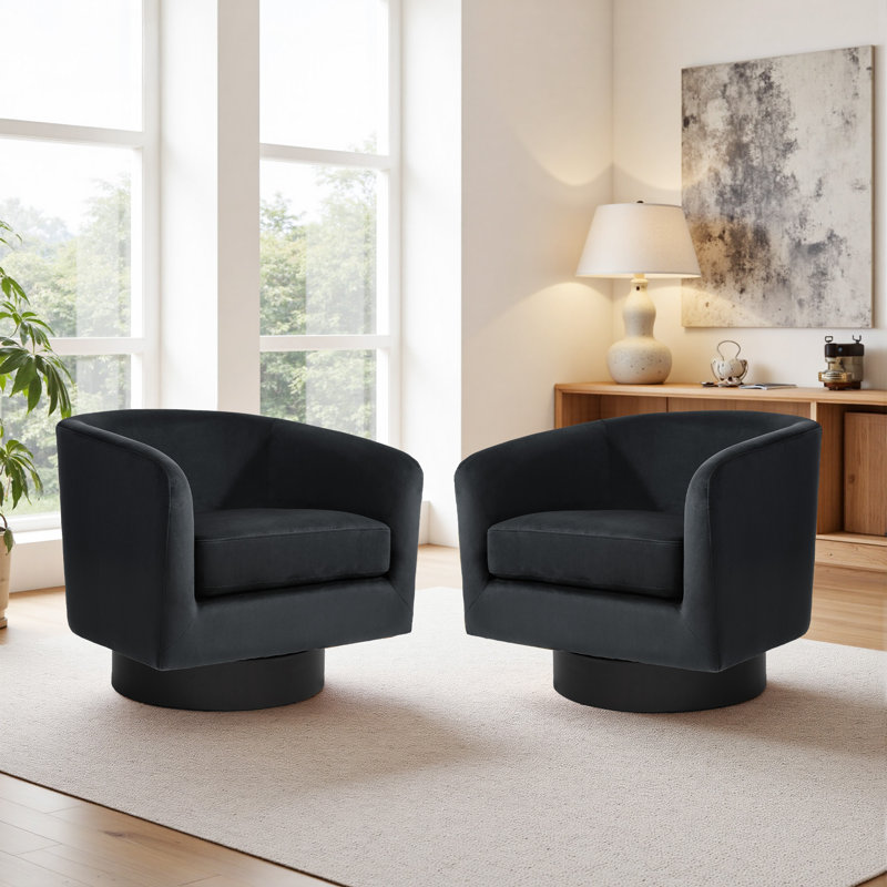 Velvet Upholstered Swivel Barrel Chair, Black