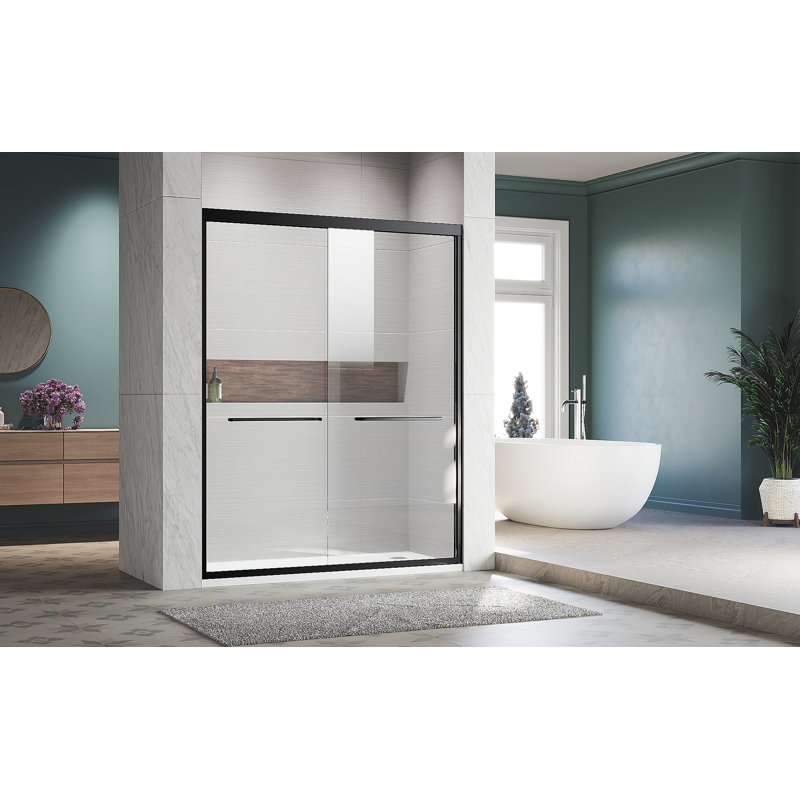 Sliding Shower Glass Door 50-54 In. W X 72 In. H, Adjustable Semi Frameless Shower Door, Certified Thick Clear Clear Tempered Glass, 304 Stainless Steel Handles, Black Finish