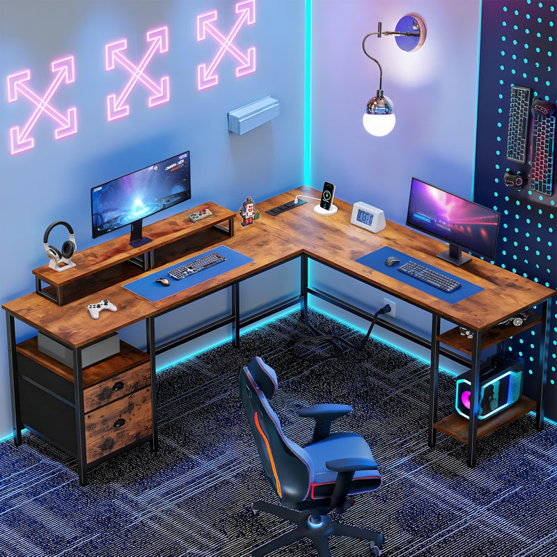 Bureau d'ordinateur en L avec 2 tiroirs et tablettes de rangement, bureau personnel avec prises intégrées et support pour écran