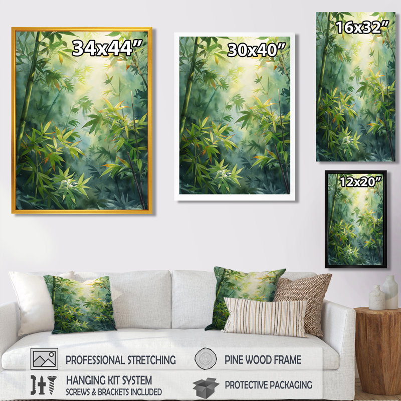 Forêt Amazonienne au lever du soleil I - Art mural en bambou, Cadre simple blanc, H 20 po x l 12 po x P 1 po