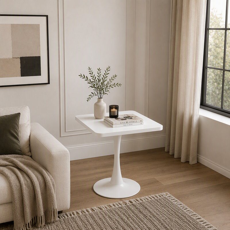 Table de salle à manger carrée tulipe de style moderne du milieu du siècle, table bistro sur pied central de 60 cm avec plateau à bords épais et base en métal, idéale pour les petits espaces comme la cuisine, le salon ou un café.