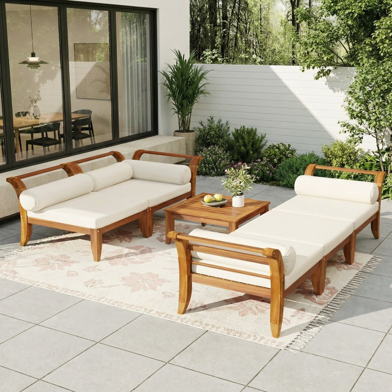 Ensemble de patio modulaire en bois d'acacia 6 pièces avec canapé en forme de L, repose-pieds et table à thé