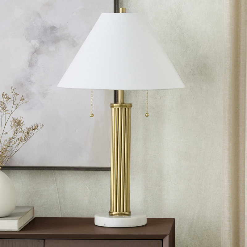 26" Brass & Marble Ribbed Column Table Lamp with 2-Bulb Sockets and Pull Chains