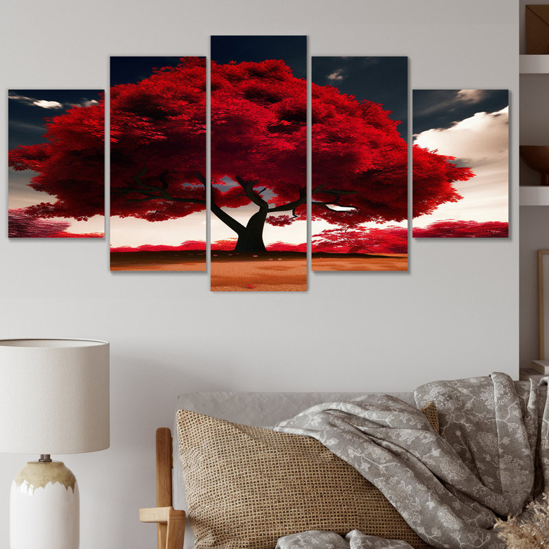 Majestic arbre rouge, photographie de nature II - paysage, arbres, art mural sur toile - 5 panneaux