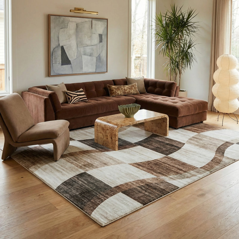 Rug Branch Theo 7' x 10' (6'7" x 9'6") Brown/Beige Checkered Area Rug, Contemporary, Medium Pile, Stain-Resistant Carpet - Living Room, Bedroom, Dining Room, and Kitchen