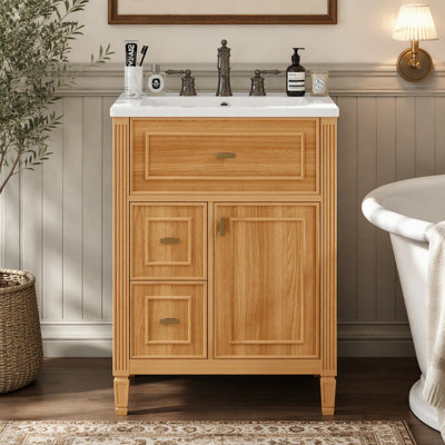Meuble-lavabo 24 po avec lavabo en céramique, structure en bois massif et armoire en panneau de fibres à densité moyenne, tiroir rabattable avec 2 tiroirs latéraux, tablette réglable et charnières en acier inoxydable