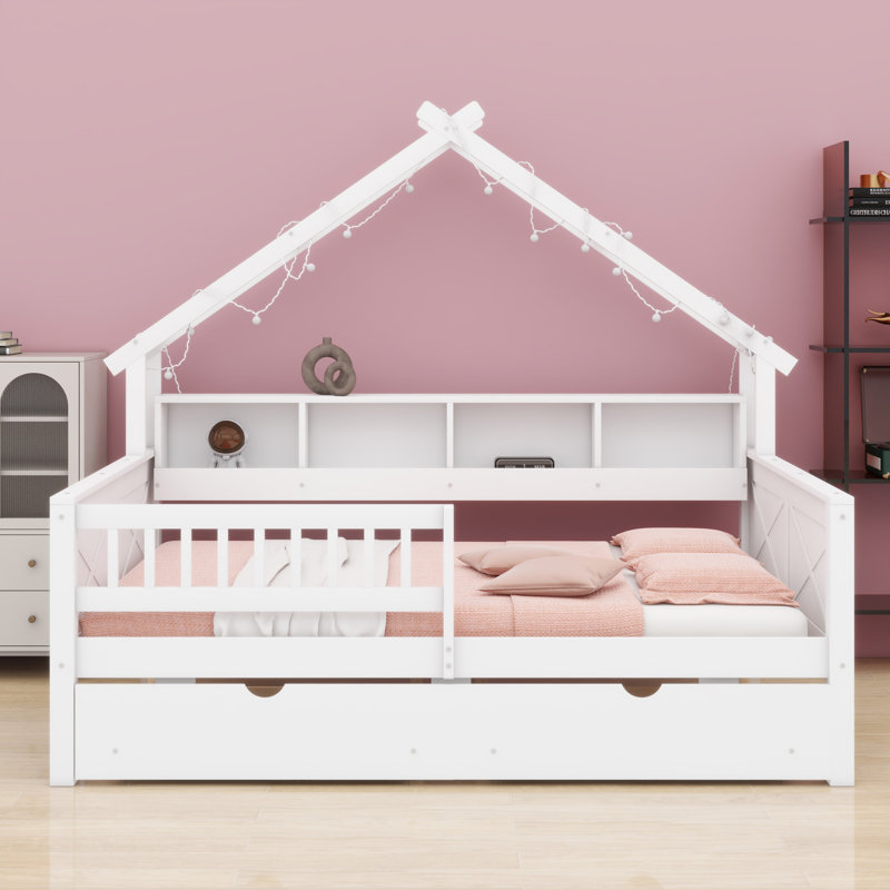 Lits plateforme en bois avec DEL, tablettes de rangement, tiroirs et garde-corps, Blanc
