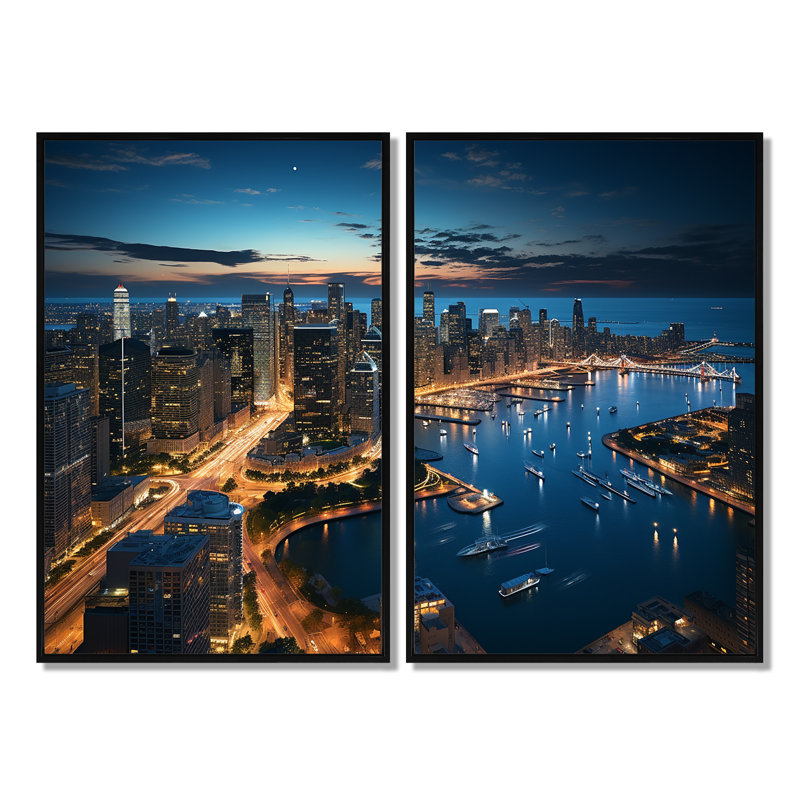 Chicago, beau paysage urbain I - ensemble d'art mural industriel de 2, H 36 po x l 48 po, Noir