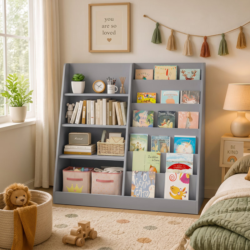 Bibliothèque et rangement de jouets en bois Montessori pour enfants à 4 niveaux Noe, Grey