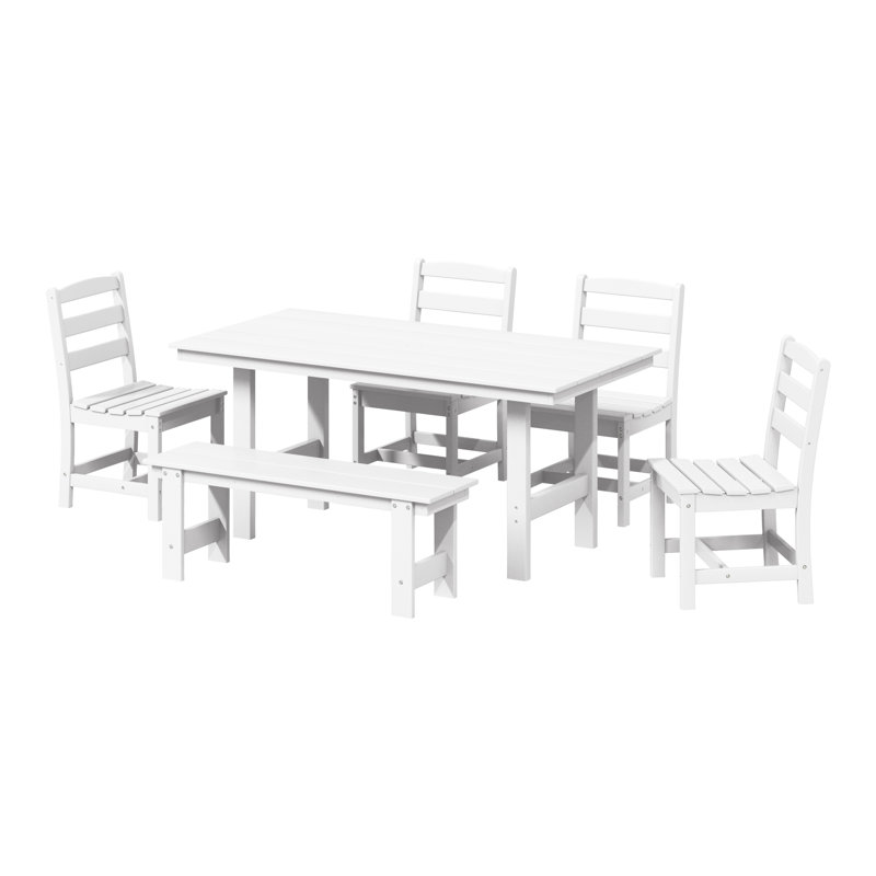 6-Piece Side Chair Dining Set With Bench, White