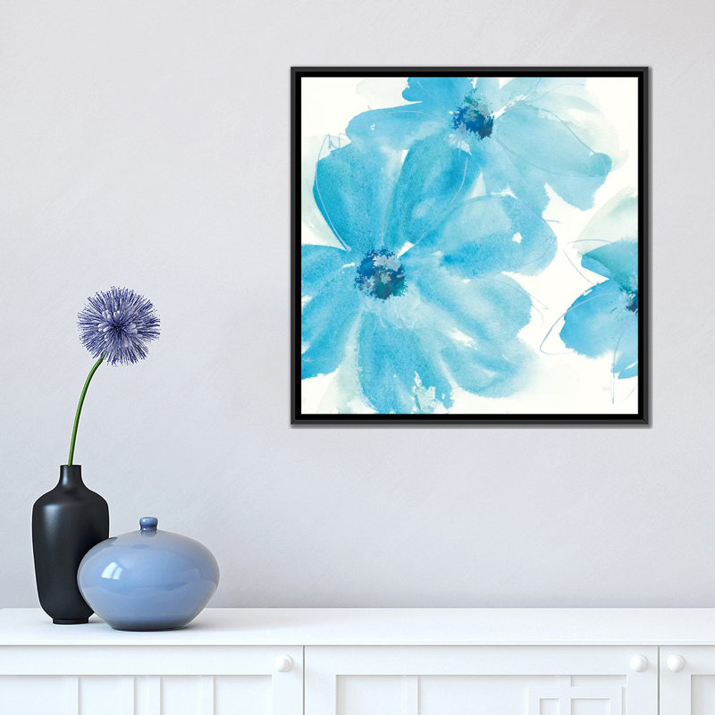 « aqua menthe clematis i », reproduction sur toile, H 18 po x l 18 po x P 1,5 po, Toile avec cadre noir, Pas de tapis