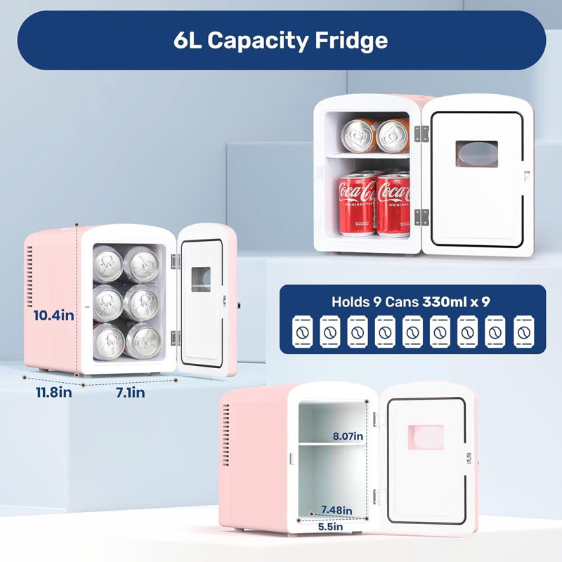 Simple Deluxe 6L/9 Can Mini Fridge with Observation Window, Portable Cooler & Warmer Freon-Free Small Refrigerator, Provide Compact Storage for Skincare, Beverage, for Bedroom, Office, Dorm, Black/Pink/White