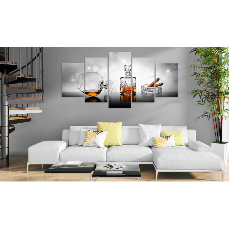 Whisky et sigars sur toile, reproduction de 5 pièces, H 40 po x l 80 po x P 0,7 po