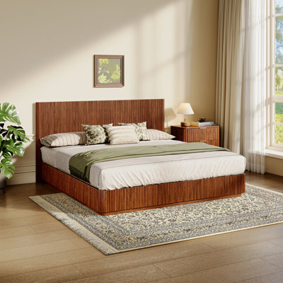 Kind Size Bed Frame With LED Lights, Modern Wooden Corrugated Curved Lines, Convex Groove Board Design, Walnut.