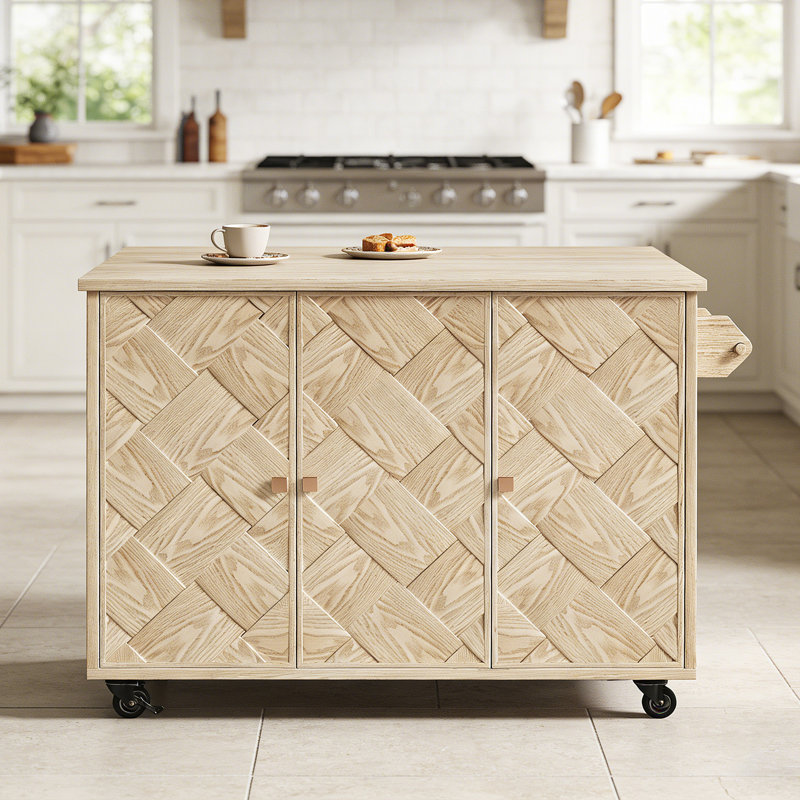 51.2"W Solid Wood Kitchen Island Cart - Rolling Kitchen Prep Table With Drop Leaf,Towel Rack,Storage Cabinet & Adjusted Shelf, Natural Wood