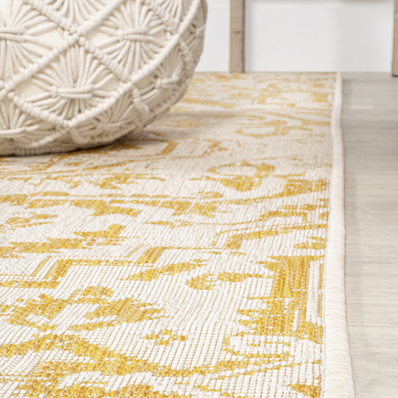 Truman Bohemian Medallion Textured Weave Cream/Yellow Indoor/Outdoor Rug, Rectangle 7'9" x 10'
