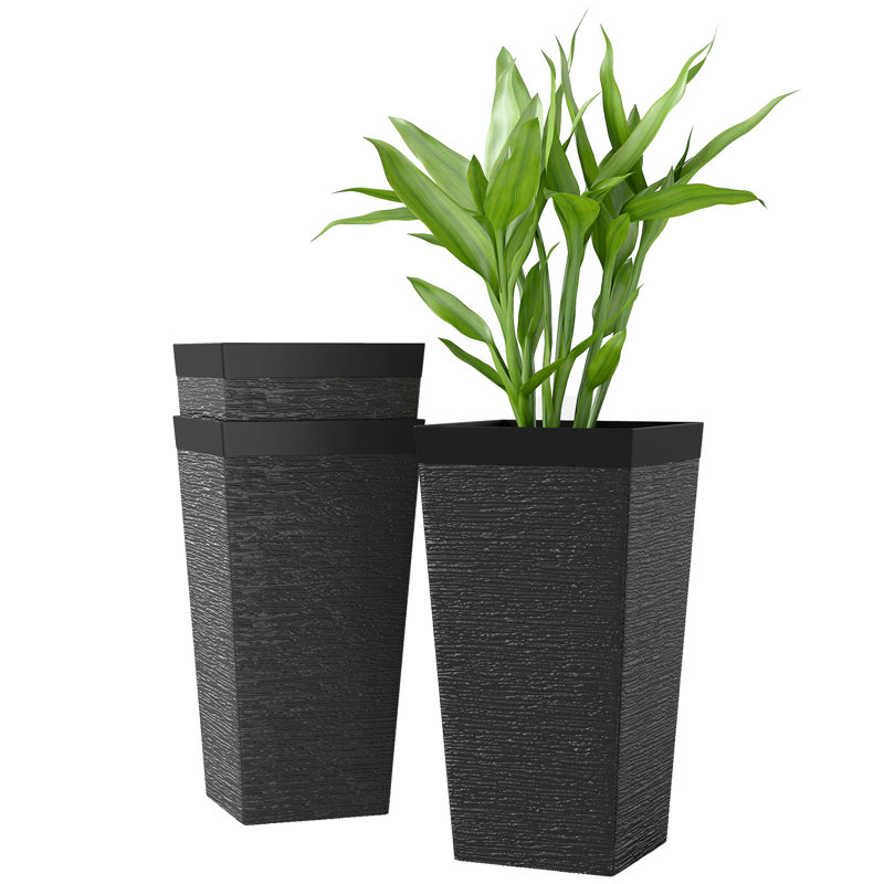Ensemble de 22 pots à fleurs 22,8 pouces avec finition pierre et roues, pots à fleurs empilables avec trou de drainage, noir