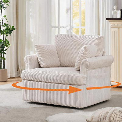 Fauteuil demi-tonneau pivotant à 360 ° Mid Century avec 2 coussins - Velours côtelé, ergonomique, simple pour le salon, la chambre à coucher et le bureau