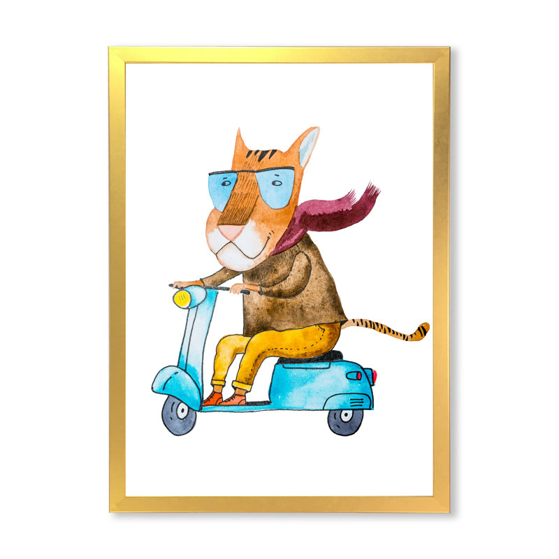Dessin de tigre sur un scooter - Art mural pour enfants, art sur toile, H 32 po x l 16 po x P 1 po
