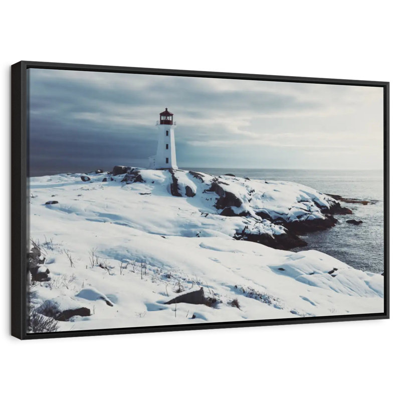 Hiver au phare de Peggy Point, 25 po x 17 po, Cadre flottant noir