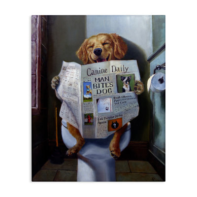 "Chien lisant le journal sur la toilette", peinture sur toile tendue par Lucia Heffernan