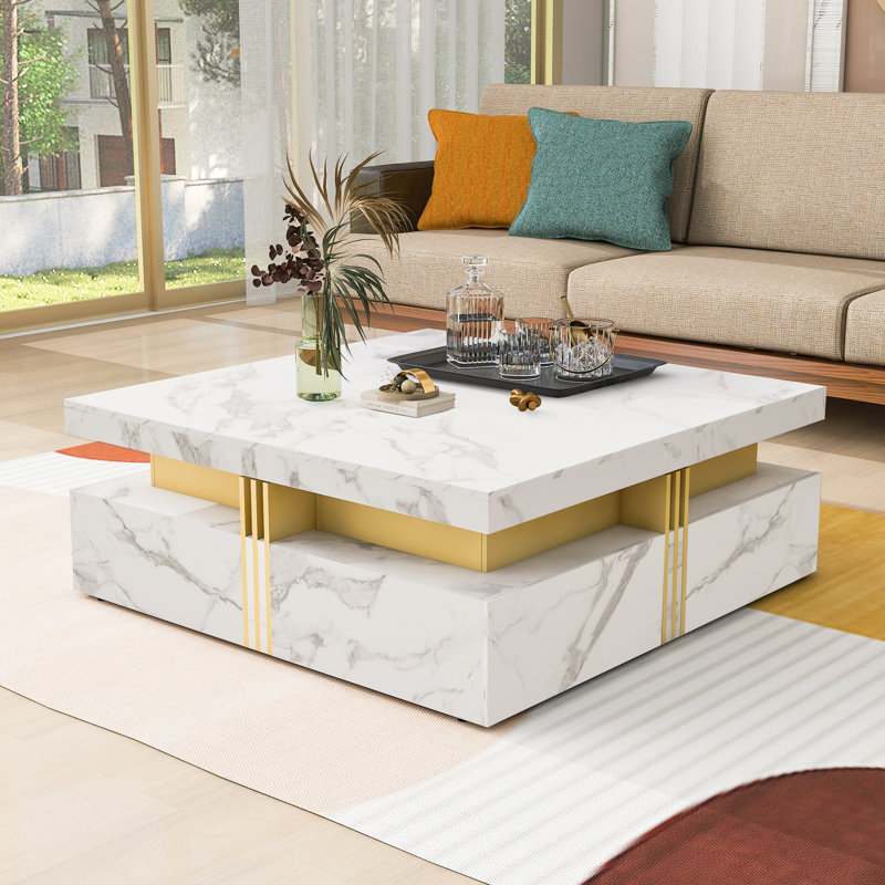Table basse moderne carrée blanche avec 4 tiroirs - Table de rangement centrale pour le salon, Blanc