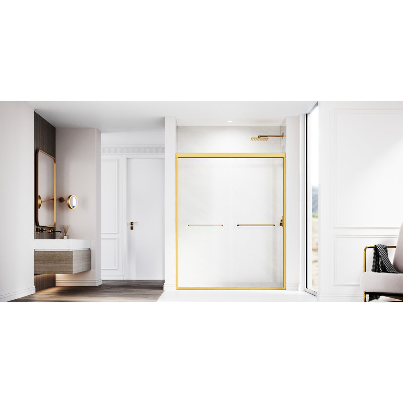 44 - 48 In. W X 72 H Sliding Shower Door, Adjustable Semi , Tempered Clear Thick Glass, 304 Stainless Steel Handles, Brushed Gold Glisten