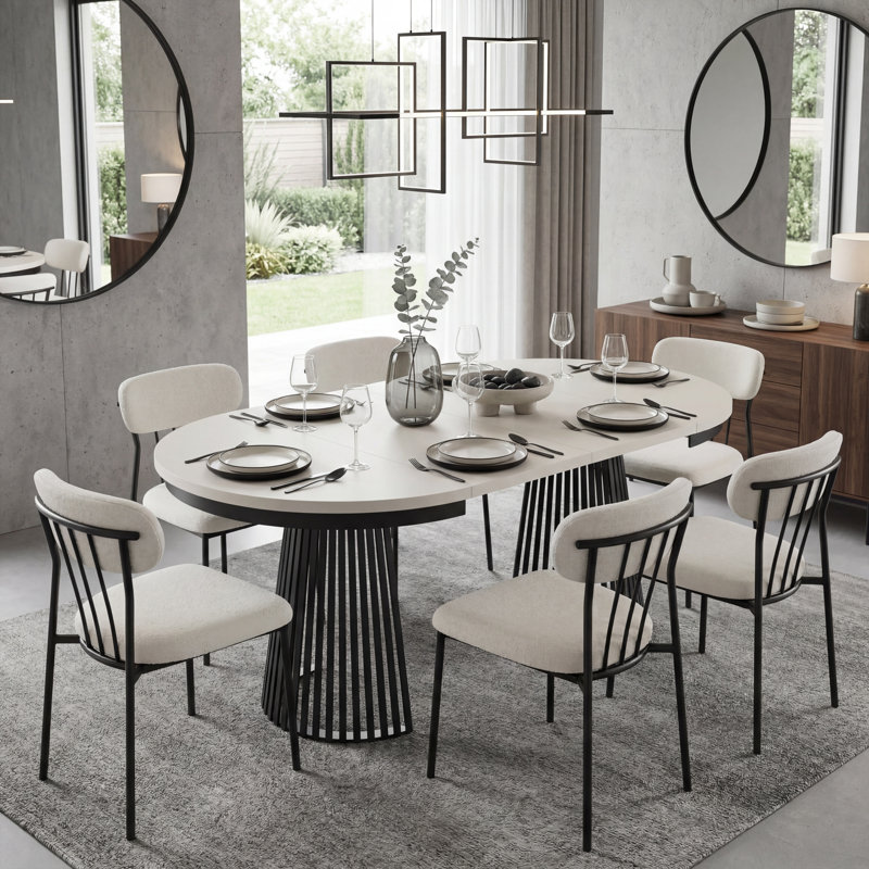 Extendable Metal Base Dining Table, Alpine White, Black