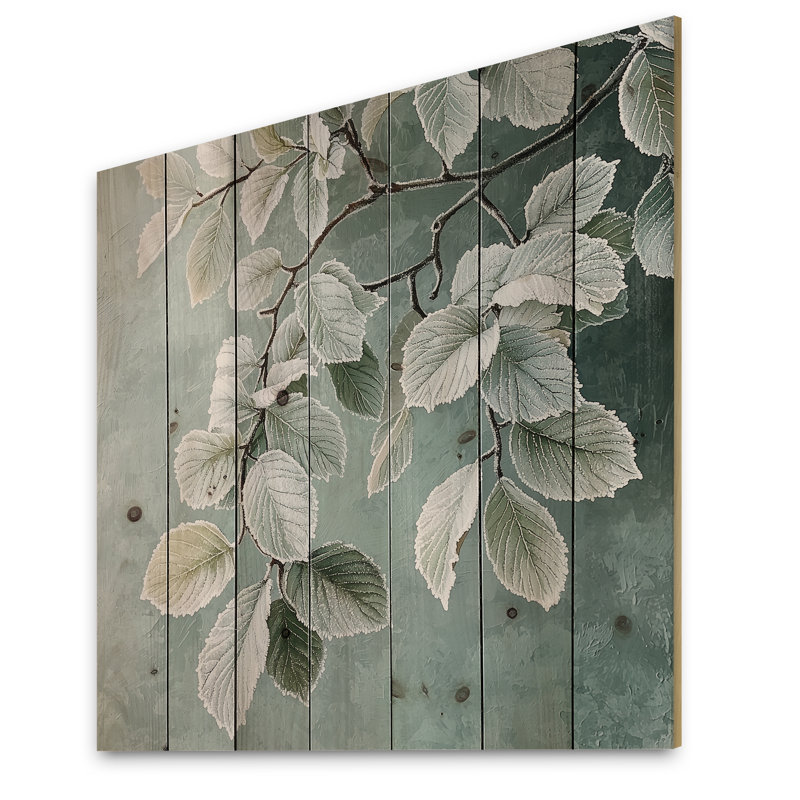 Frosted Leaves I - Leaves  Wood Wall Decor - On Natural Pine Wood, 25" H x 25" W x 0.78" D