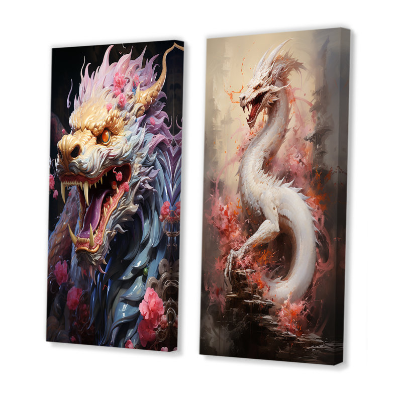 «China Dragon Dance I», ensemble de 2 reproductions d'art mural chinois, Toile tendue, H 32 po x l 33 po