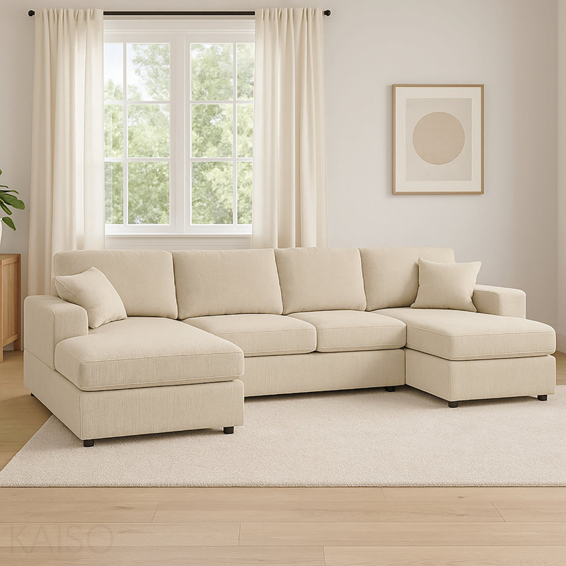Canapé modulaire Basic, chaise longue en velours côtelé 3 pièces, Crème