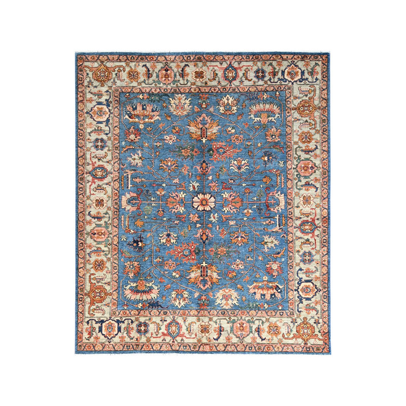 Tapis oriental bleu en laine naturelle 8 pi 3 po x 9 pi 9 po Heris fdence