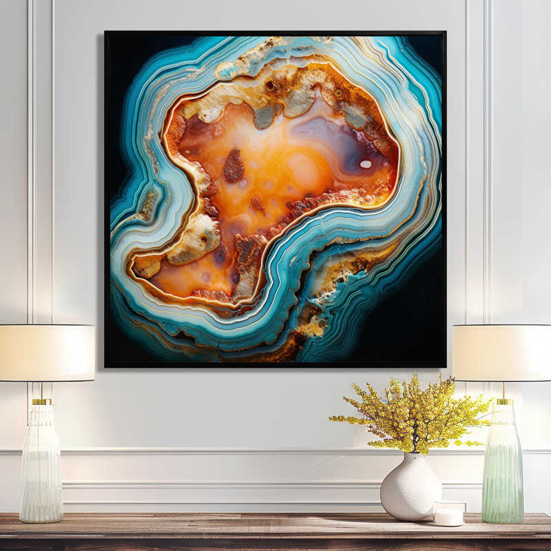 Agate Turquoise River - impression d'art mural en marbre, H 36 po x l 36 po x P 1,5 po, Cadre flottant noir
