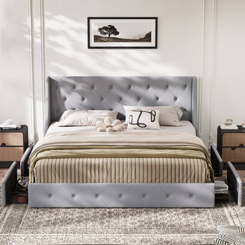  Losada 4-Drawer Upholstered Storage Bed with Wingback Headboard - Maximize Bedroom Space, No-Hassle Under Bed Storage,King Size