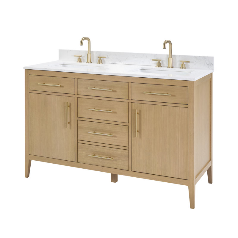 Ensemble de meuble-lavabo double 55 po avec plateau en marbre d'ingénierie et dosseret entièrement assemblé 55 po, Chêne