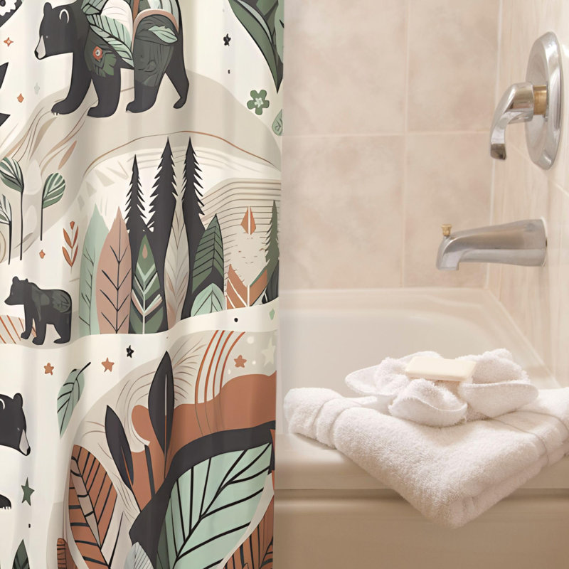 Rustic Elegant Shower Curtain with Bears and Trees - Thick Woven Polyester Lodge Cabin Décor