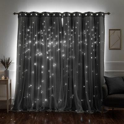 Jenifer Tulle Overlay Star Cutout Solid Room-Darkening Grommet Curtain Panels