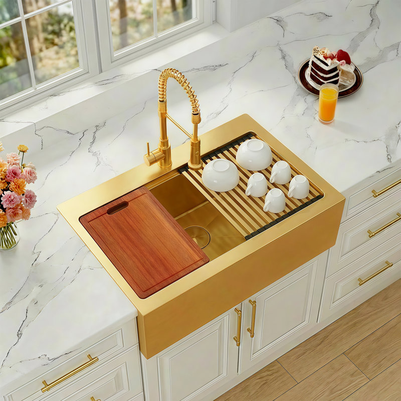   36" L x 22" W Workstation Gold Farmhouse Apron Front Kitchen Sink 16 Gauge Stainless Steel Single Bowl With Accessories