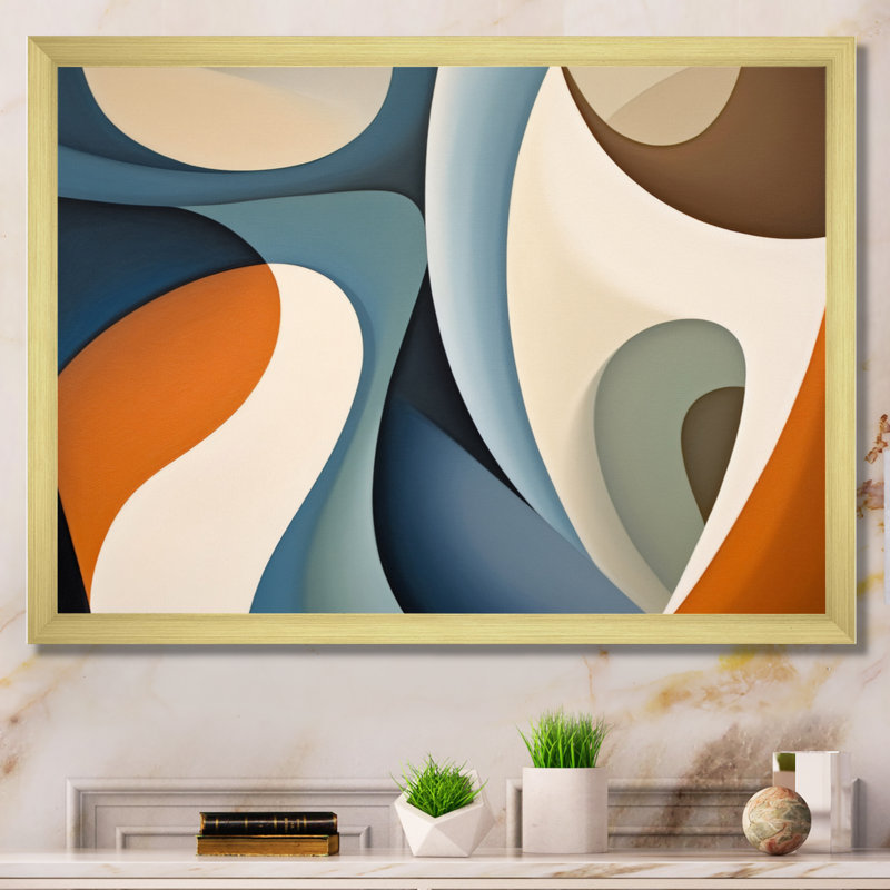 Visions symétriques bleues et orange - formes abstraites, art mural, Cadre doré simple, H 16 po x l 32 po x P 1 po