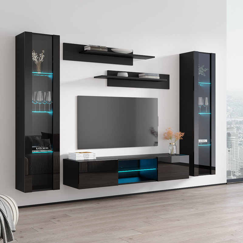 Meuble audio-vidéo flottant de 100 po avec éclairage à DEL 16 couleurs, finition ultrabrillante, Noir