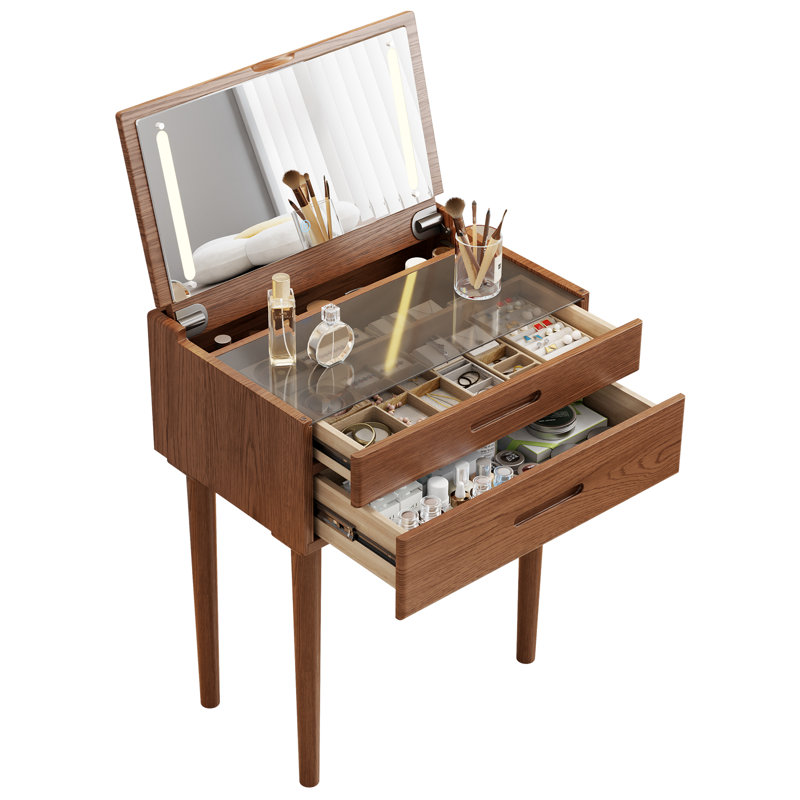 Solid Wood Makeup Vanity, Flip‑Top Lighted Mirror, Glass Tabletop, 3‑Mode Adjustable Brightness, Easy Assembly, Brown