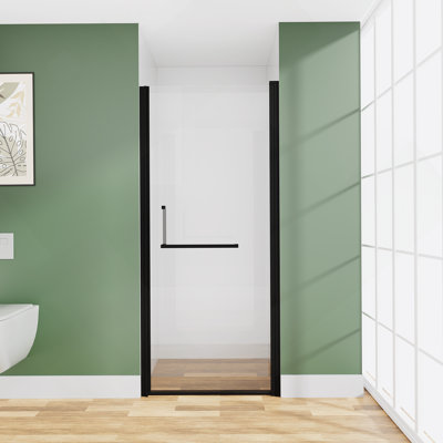 Porte de douche pivotante sans cadre 28 po x 72 po, verre trempé 1/4 po, largeur réglable, installation réversible, noir mat