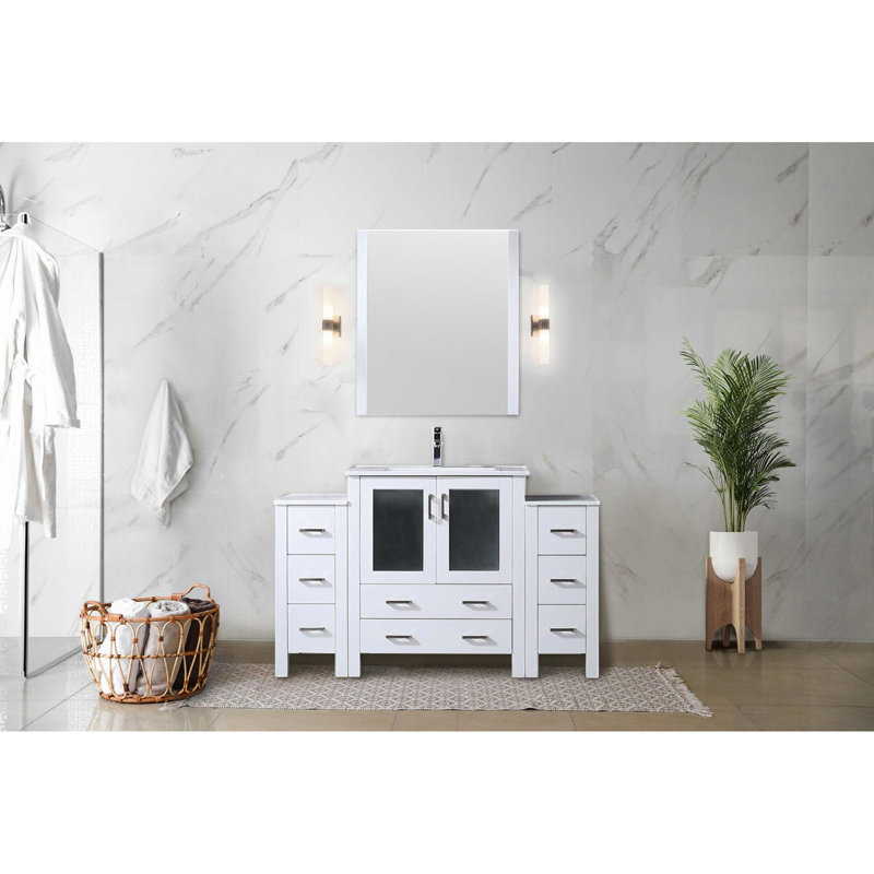 Blanc 54 po W Meuble-lavabo avec armoires latérales, miroir inclus 28, comptoir en céramique à fermeture douce, surface à gratter, meuble-lavabo large à tiroirs larges, comptoir, fermeture de miroir, assez de rangement pour