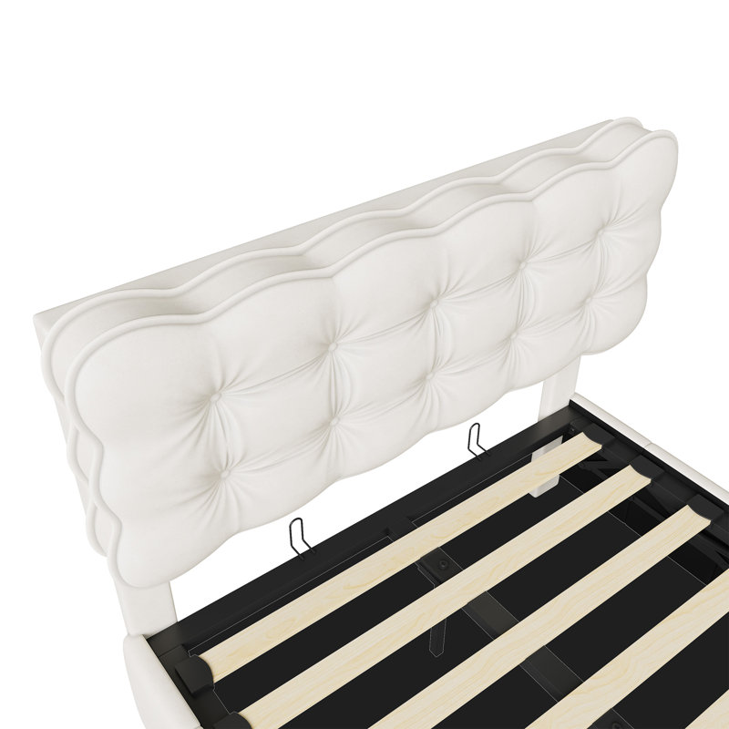 EU Double & King Size Velvet Ottoman Bed With Motion Sensor LED Lights, Upholstered Cloud Tufted Frame, Beige 