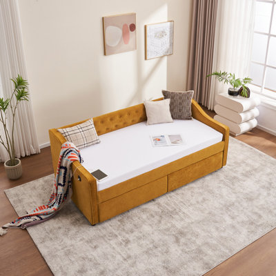 Lit de jour rembourré avec tiroirs de rangement, cadre de lit en bois massif avec support en velours et lattes de bois pour la chambre à coucher, le salon et le bureau