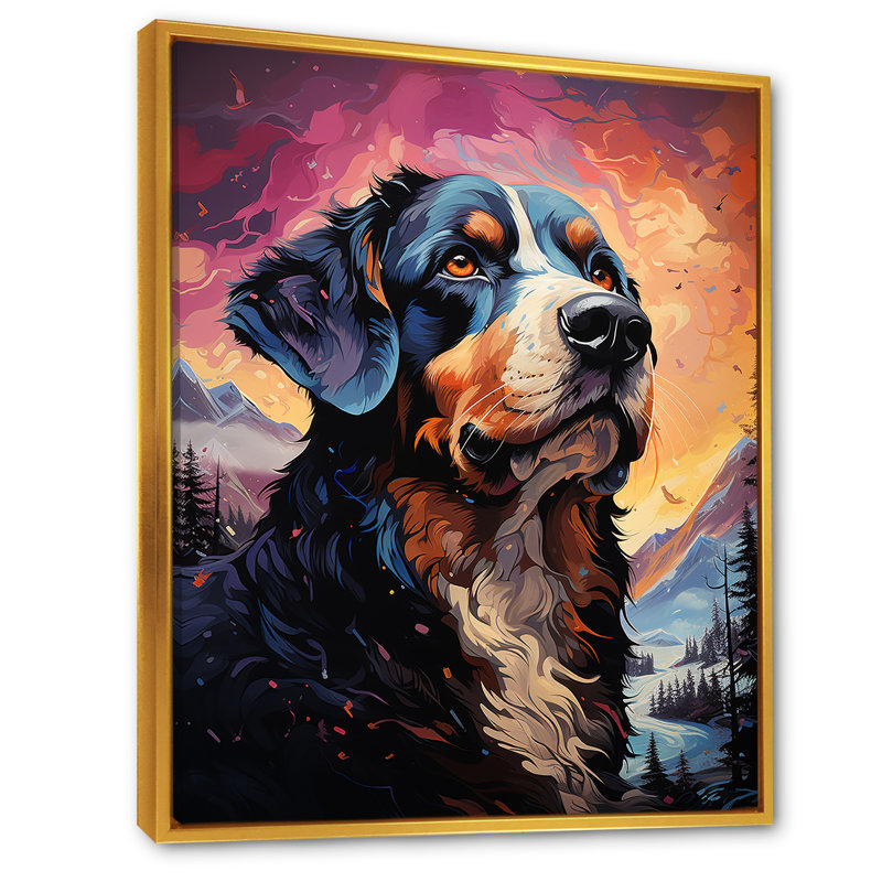 Bernese Mountain Majesty II - chien, art mural sur toile, Cadre flottant doré, 40" H x 30" W